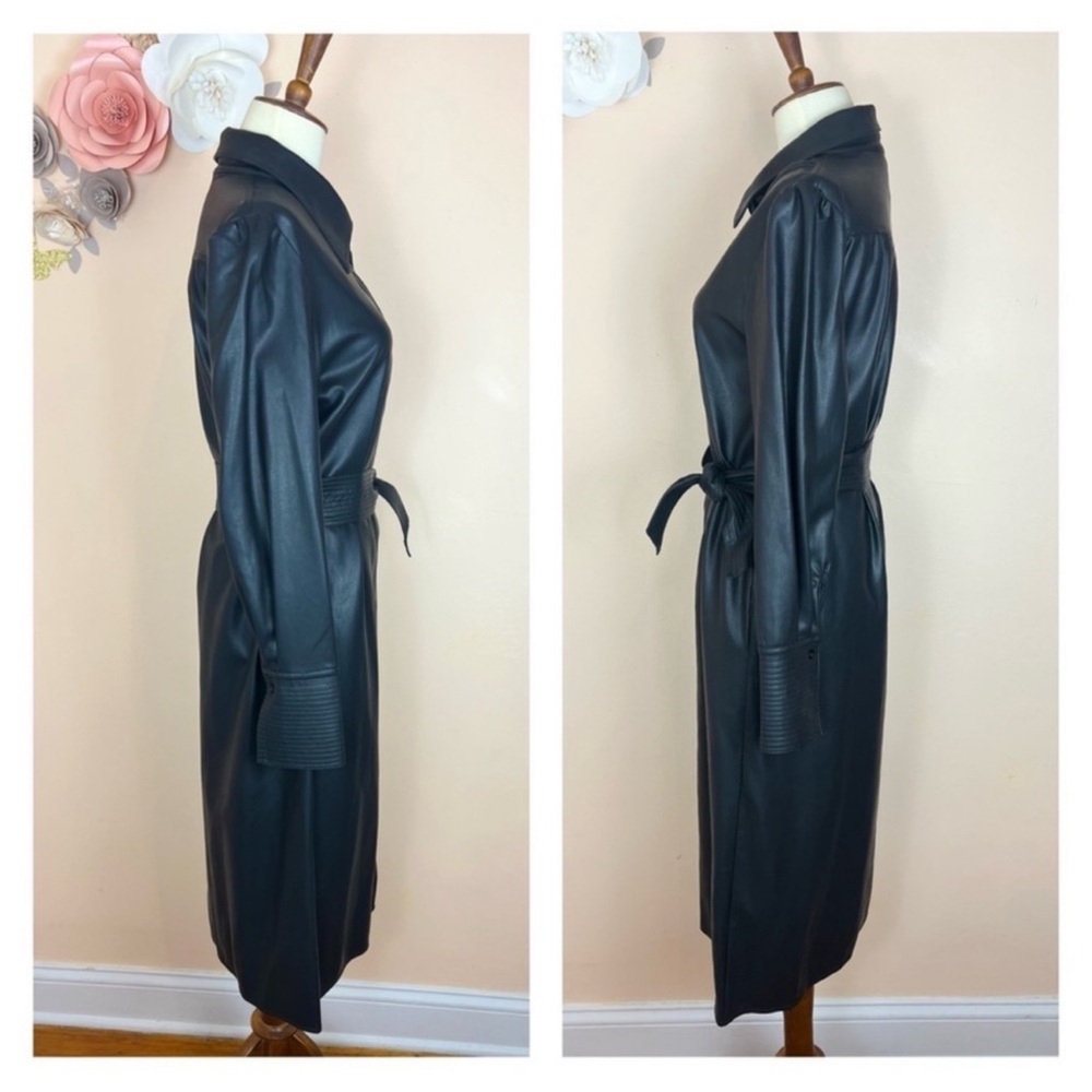 New! GRACIA Puff Sleeve Belted Faux Vegan Leather Trench Coat Midi Dress - Picture 10 of 11